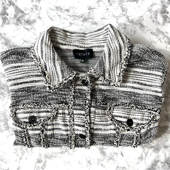 1. State Black Cream Fringe Tweed Button Front Long Sleeve Blazer Jacket - Picture 8 of 15